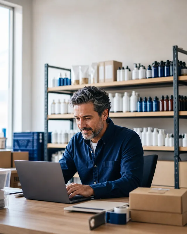 Persona revisando la operación e inventario de su empresa desde un computador