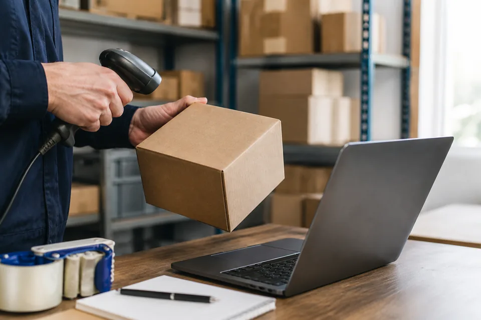 Control de inventario en una bodega con lector y productos organizados